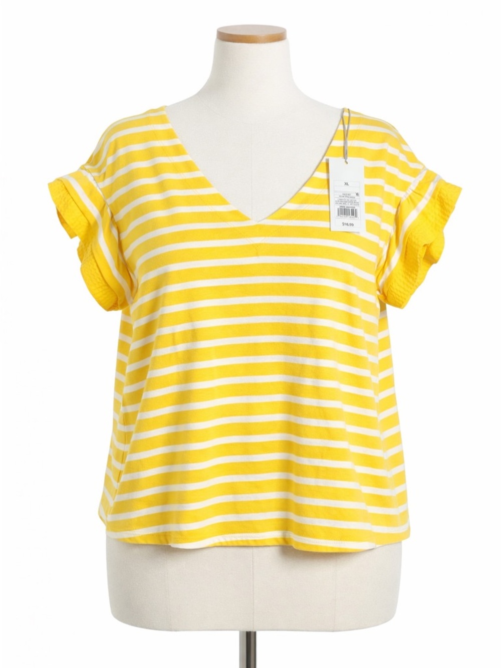 A New Day Yellow White Striped Top XL Flutter Sleeve NWT V-Neck Summer